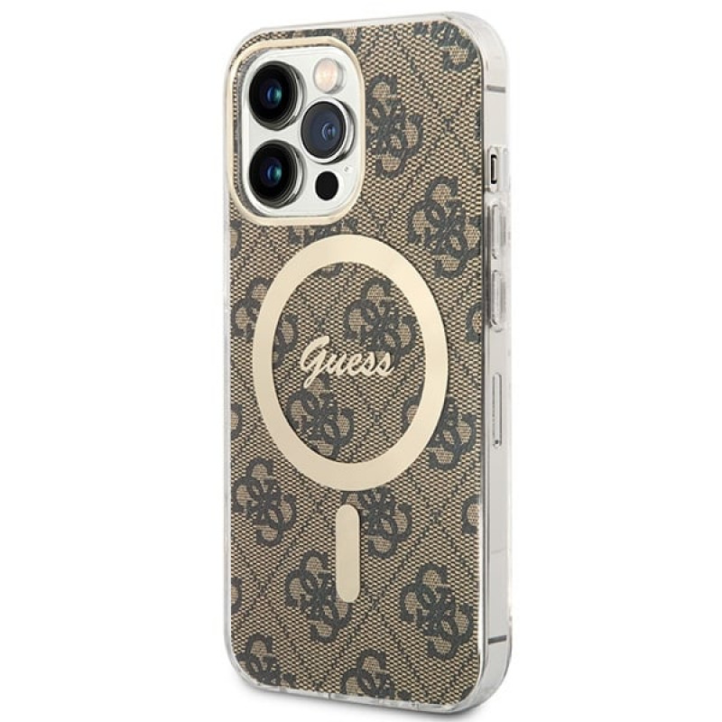 Guess GUBPP13LH4EACSW Dėklas + belaidis įkroviklis Apple iPhone 13 Pro rudas kietas dėklas, 4G Print, MagSafe