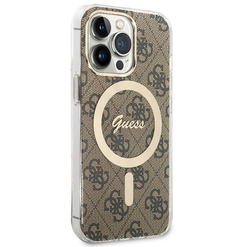 Guess GUBPP13LH4EACSW Dėklas + belaidis įkroviklis Apple iPhone 13 Pro rudas kietas dėklas, 4G Print, MagSafe