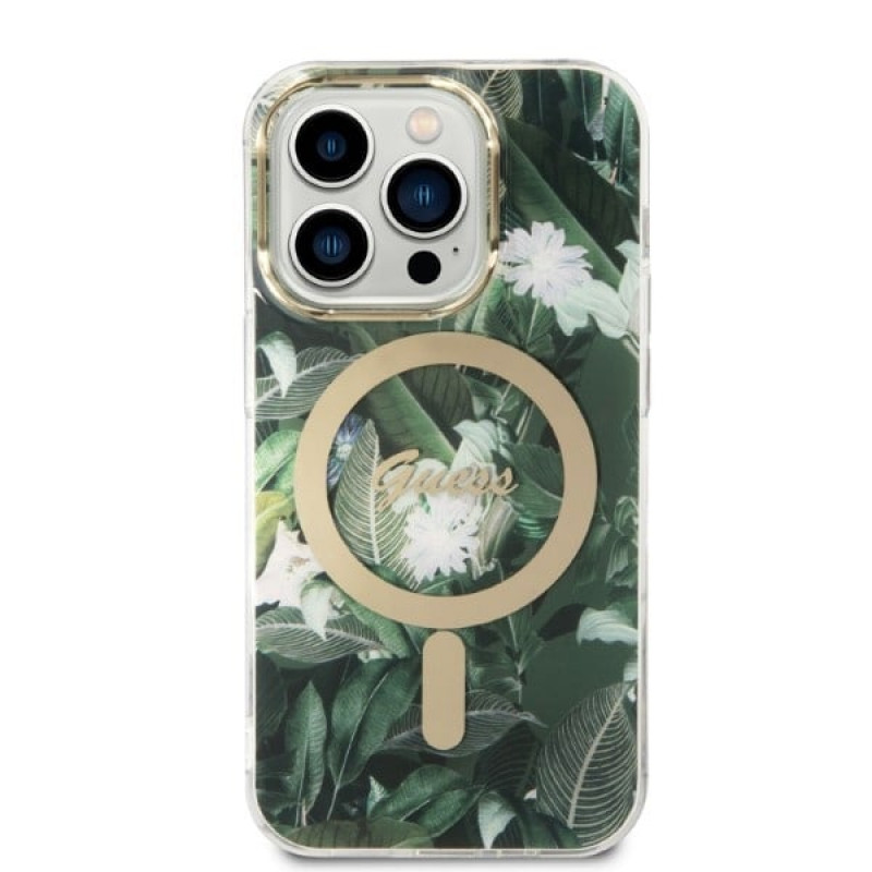 Guess GUBPP14XHJEACSA dėklas + belaidis įkroviklis Apple iPhone 14 Pro Max, Jungle, žalias kietas dėklas, MagSafe