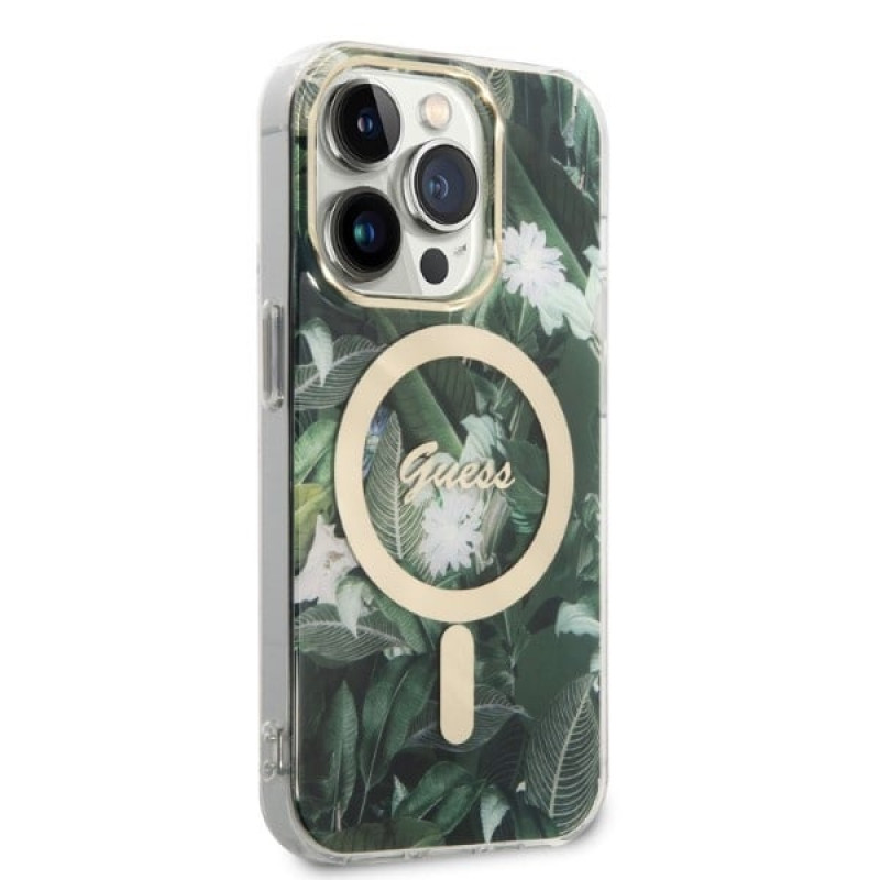 Guess GUBPP14XHJEACSA dėklas + belaidis įkroviklis Apple iPhone 14 Pro Max, Jungle, žalias kietas dėklas, MagSafe