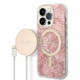 Guess GUBPP14LHJEACSP dėklas + belaidis įkroviklis Apple iPhone 14 Pro, Jungle, rausvas kietas dėklas, MagSafe