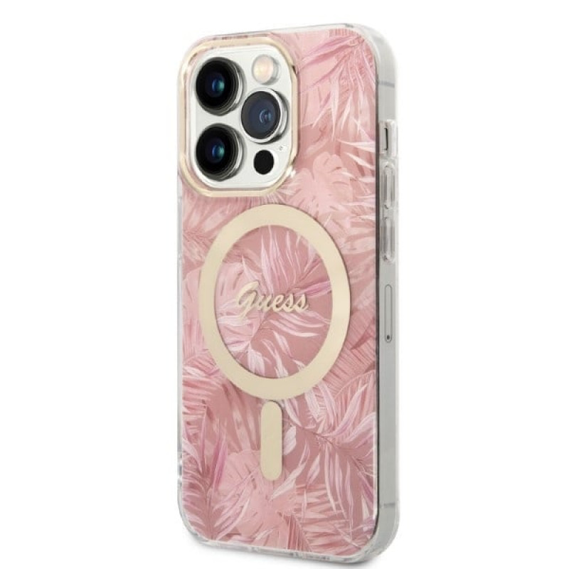Guess GUBPP14LHJEACSP dėklas + belaidis įkroviklis Apple iPhone 14 Pro, Jungle, rausvas kietas dėklas, MagSafe