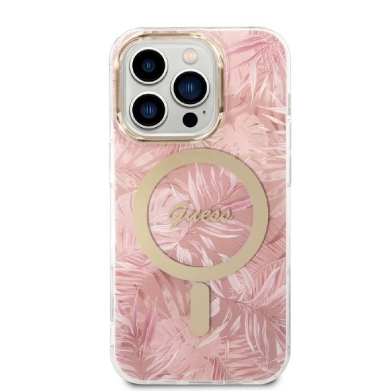 Guess GUBPP14LHJEACSP dėklas + belaidis įkroviklis Apple iPhone 14 Pro, Jungle, rausvas kietas dėklas, MagSafe