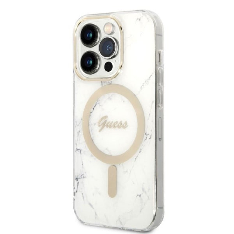 Guess GUBPP14LHMEACSH dėklas + belaidis įkroviklis Apple iPhone 14 Pro baltas kietasis dėklas, Marble, MagSafe