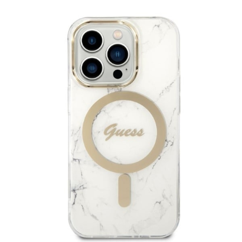 Guess GUBPP14LHMEACSH dėklas + belaidis įkroviklis Apple iPhone 14 Pro baltas kietasis dėklas, Marble, MagSafe