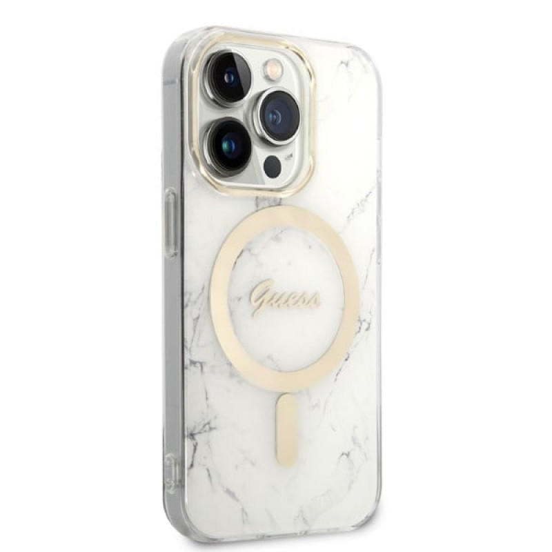Guess GUBPP14LHMEACSH dėklas + belaidis įkroviklis Apple iPhone 14 Pro baltas kietasis dėklas, Marble, MagSafe