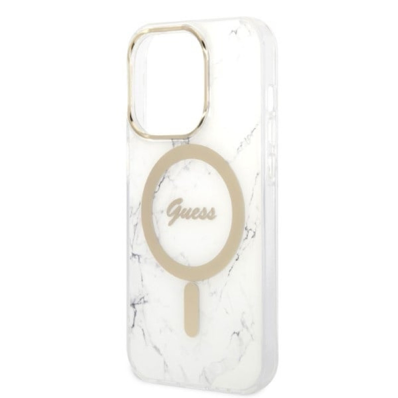 Guess GUBPP14LHMEACSH dėklas + belaidis įkroviklis Apple iPhone 14 Pro baltas kietasis dėklas, Marble, MagSafe