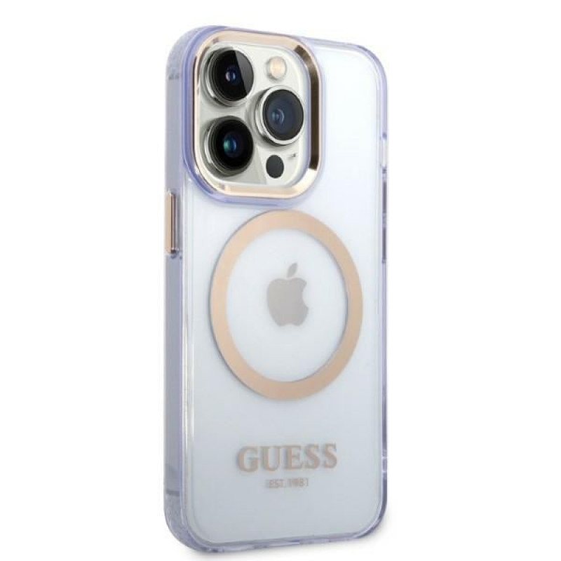 Guess GUHMP14XHTCMU Apple iPhone 14 Pro Max purpurinis kietasis dėklas, Gold Outline Translucent, MagSafe
