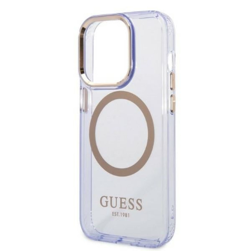 Guess GUHMP14XHTCMU Apple iPhone 14 Pro Max purpurinis kietasis dėklas, Gold Outline Translucent, MagSafe