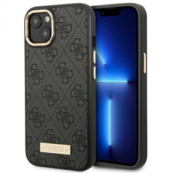 Guess GUHMP14MU4GPRK Apple iPhone 14 Plus / 15 Plus juodas kietasis dėklas, 4G Logo Plate, MagSafe