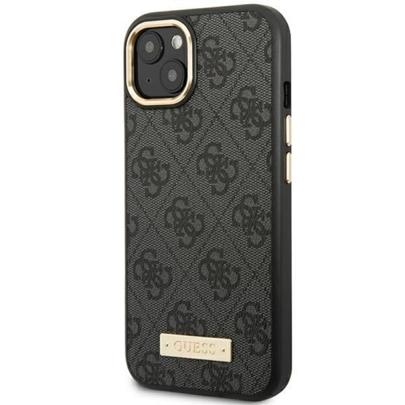 Guess GUHMP14MU4GPRK Apple iPhone 14 Plus / 15 Plus juodas kietasis dėklas, 4G Logo Plate, MagSafe