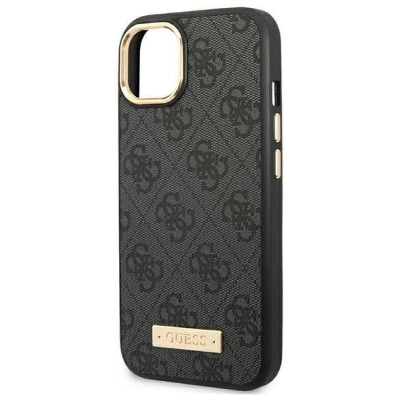 Guess GUHMP14MU4GPRK Apple iPhone 14 Plus / 15 Plus juodas kietasis dėklas, 4G Logo Plate, MagSafe