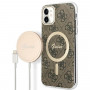 Guess GUBPN61H4EACSW dėklas + belaidis įkroviklis Apple iPhone 11, 4G Print, rudas kietas dėklas, MagSafe