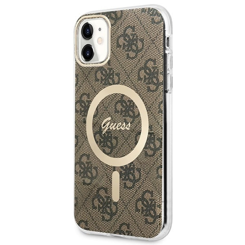 Guess GUBPN61H4EACSW dėklas + belaidis įkroviklis Apple iPhone 11, 4G Print, rudas kietas dėklas, MagSafe