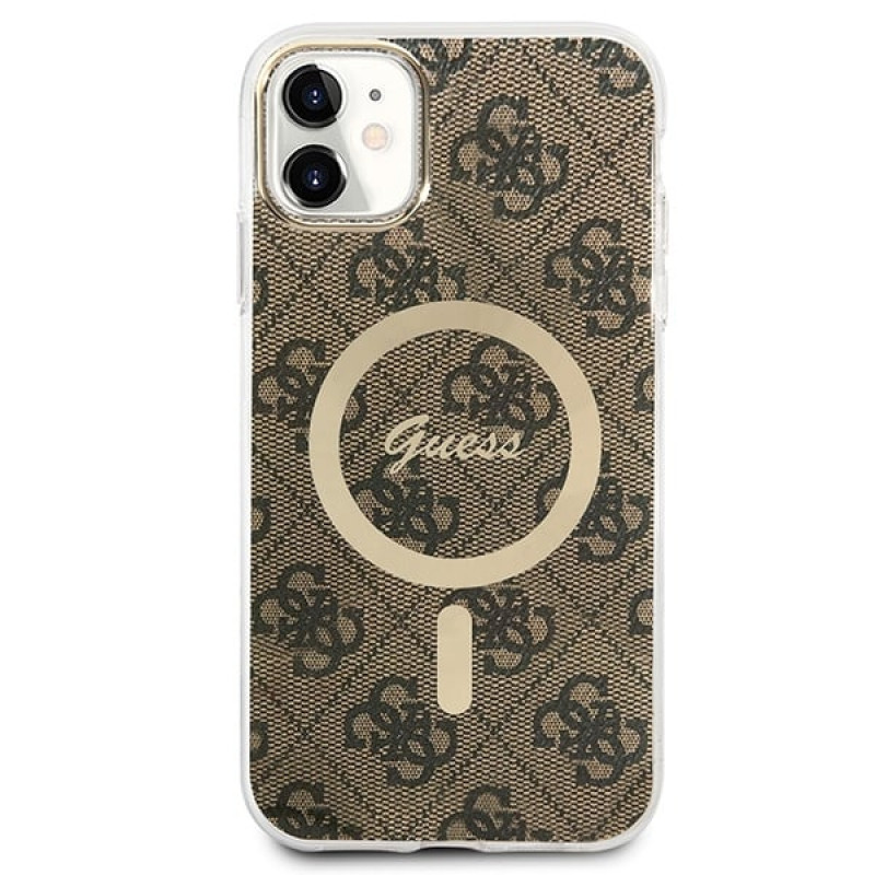 Guess GUBPN61H4EACSW dėklas + belaidis įkroviklis Apple iPhone 11, 4G Print, rudas kietas dėklas, MagSafe