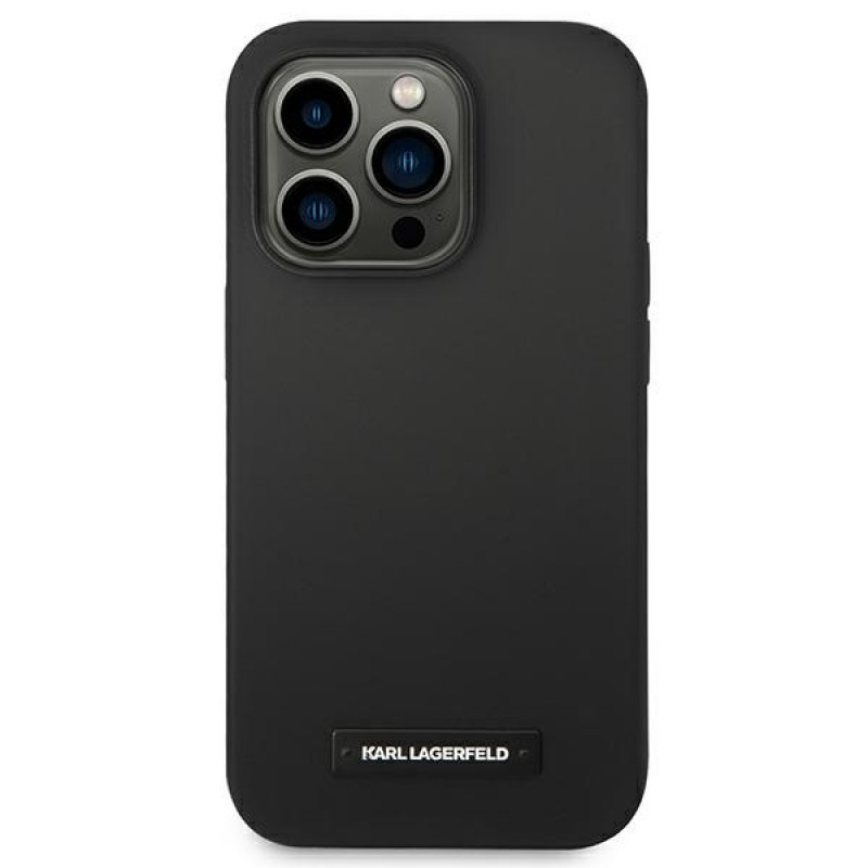 Karl Lagerfeld KLHMP14LSLMP1K Apple iPhone 14 Pro juodas kietasis dėklas, Silicone Plaque, MagSafe
