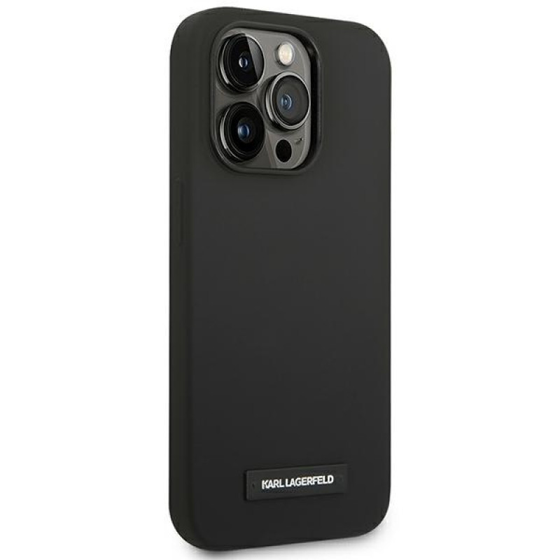Karl Lagerfeld KLHMP14LSLMP1K Apple iPhone 14 Pro juodas kietasis dėklas, Silicone Plaque, MagSafe