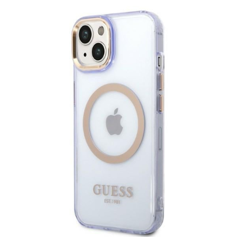 Guess GUHMP14SHTCMU Apple iPhone 14 purpurinis kietasis dėklas, Gold Outline Translucent, MagSafe