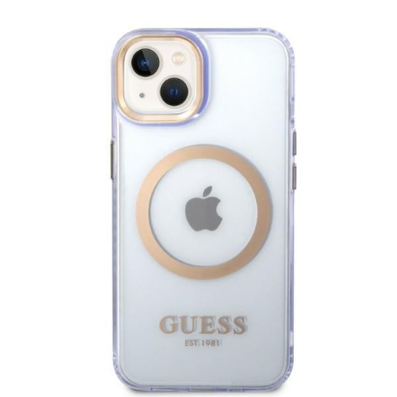 Guess GUHMP14SHTCMU Apple iPhone 14 purpurinis kietasis dėklas, Gold Outline Translucent, MagSafe
