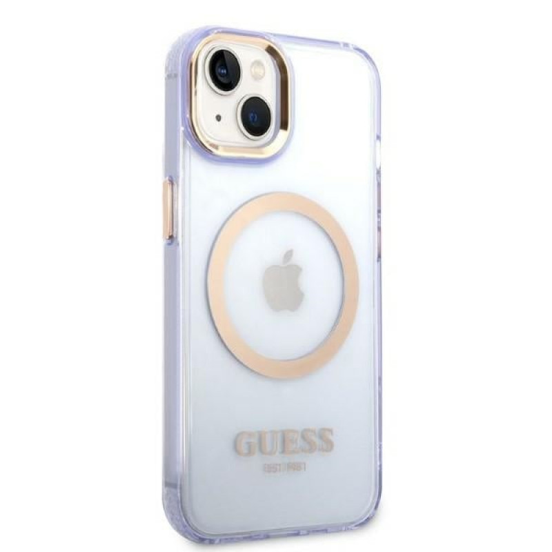 Guess GUHMP14SHTCMU Apple iPhone 14 purpurinis kietasis dėklas, Gold Outline Translucent, MagSafe