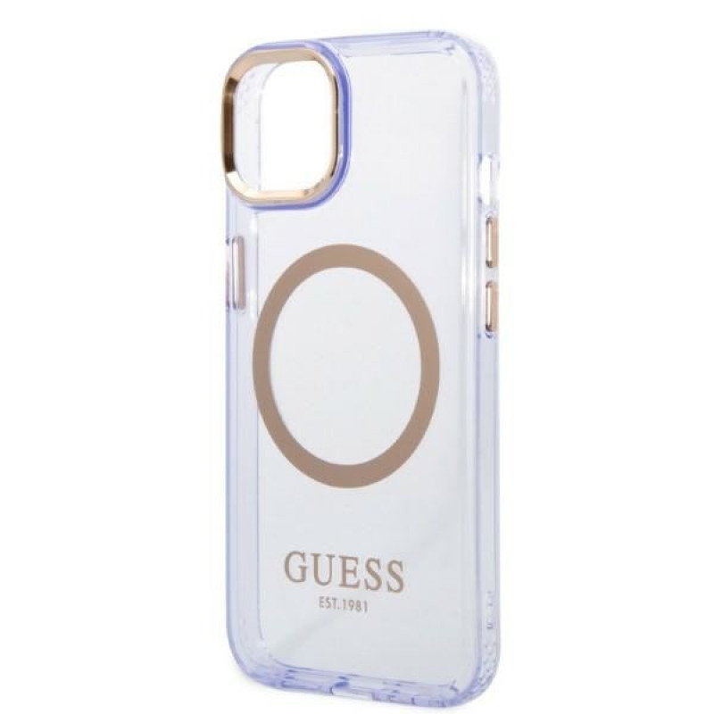 Guess GUHMP14SHTCMU Apple iPhone 14 purpurinis kietasis dėklas, Gold Outline Translucent, MagSafe