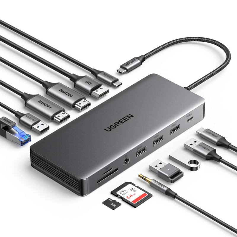 Ugreen Revodok Pro 313 USB-C nešiojamojo kompiuterio doko stotis (15978), UGR1851, 100 W, pilka