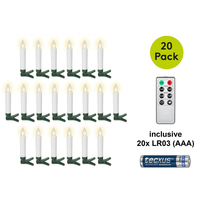 Goobay 75258 belaidės LED kalėdinės eglutės žvakės (20 vnt.), įsk. 20x AAA (LR03), segtukai, nuotolinio valdymo pultas, laikmatis, reguliuojamas šviesumas, šiltai balta (2600 K)