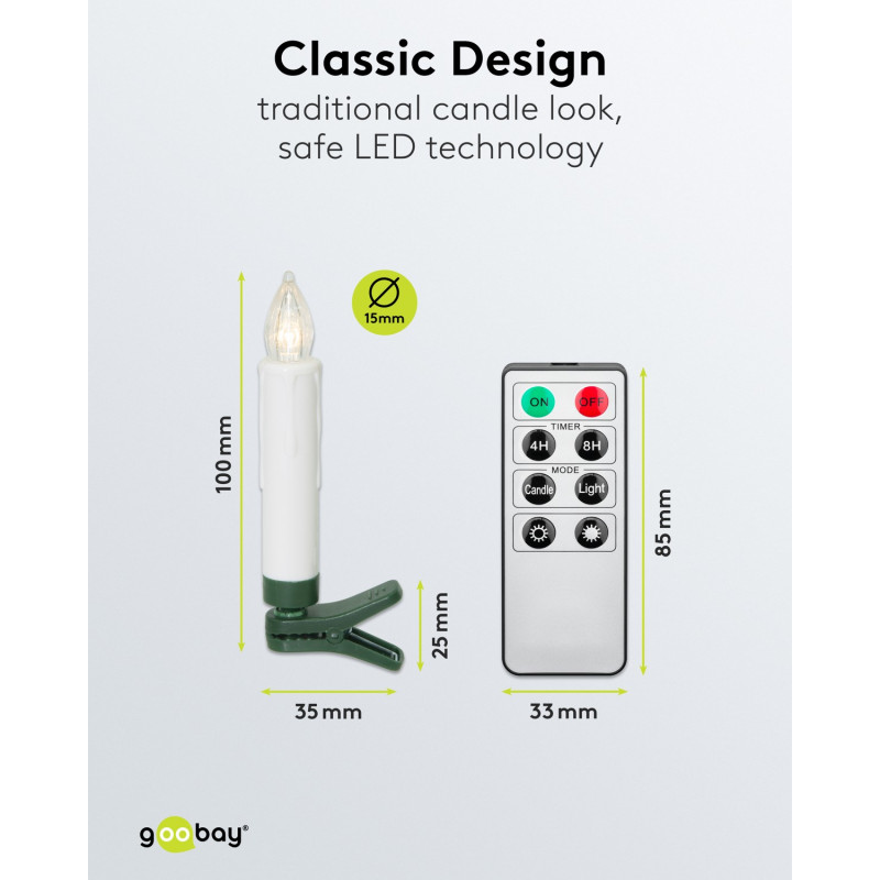 Goobay 75258 belaidės LED kalėdinės eglutės žvakės (20 vnt.), įsk. 20x AAA (LR03), segtukai, nuotolinio valdymo pultas, laikmatis, reguliuojamas šviesumas, šiltai balta (2600 K)