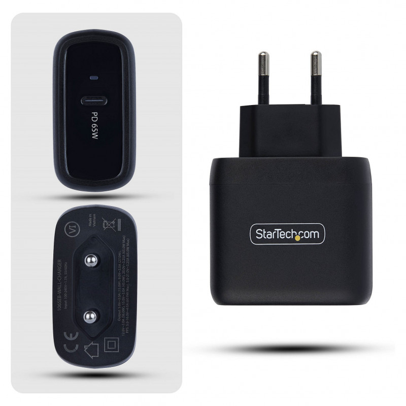 StarTech.com 1065EB-WALL-CHARGER 65 W USB-C GaN nešiojamojo kompiuterio įkroviklis, juodas