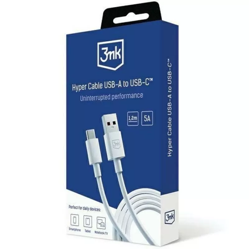 3MK Hyper Cable USB-A į USB-C 5A 60W 1,2m Baltas