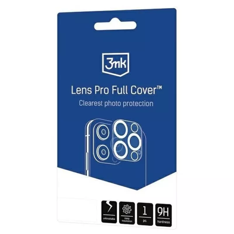 3MK Lens Pro Full Cover grūdinto stiklo fotoaparato objektyvo apsauga, skirta iPhone 14 Pro / 14 Pro Max su aliuminio rėmeliu ir montavimo rėmeliu (1 vnt., juoda)