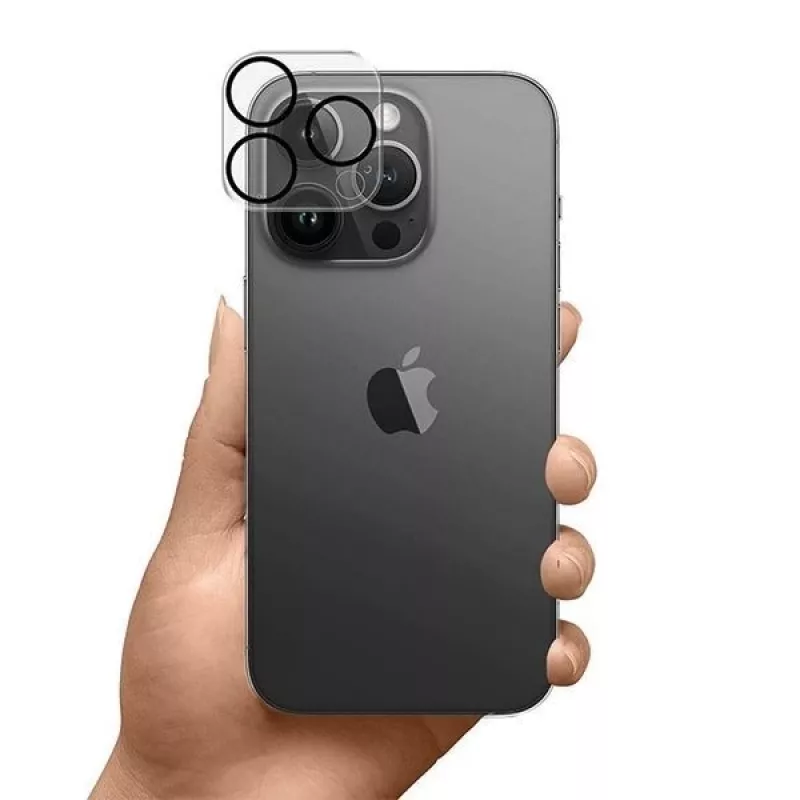 3MK Lens Pro Full Cover grūdinto stiklo fotoaparato objektyvo apsauga, skirta iPhone 14 Pro / 14 Pro Max su aliuminio rėmeliu ir montavimo rėmeliu (1 vnt., juoda)