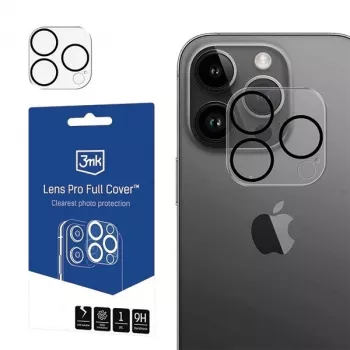 3MK Lens Pro Full Cover grūdinto stiklo fotoaparato objektyvo apsauga, skirta iPhone 14 Pro / 14 Pro Max su aliuminio rėmeliu ir montavimo rėmeliu (1 vnt., juoda)
