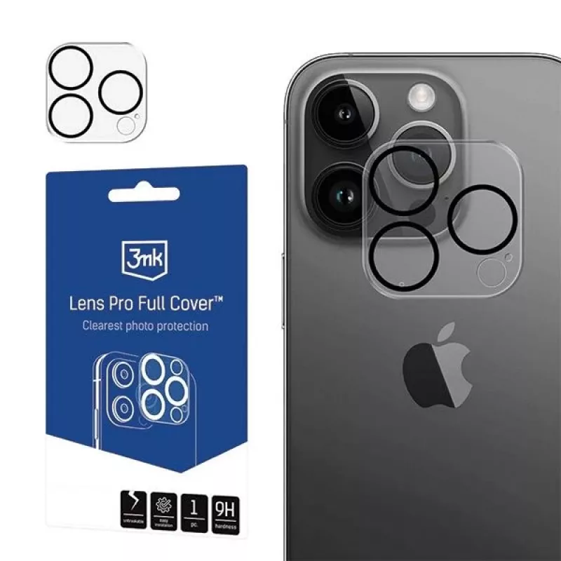 3MK Lens Pro Full Cover grūdinto stiklo fotoaparato objektyvo apsauga, skirta iPhone 14 Pro / 14 Pro Max su aliuminio rėmeliu ir montavimo rėmeliu (1 vnt., juoda)