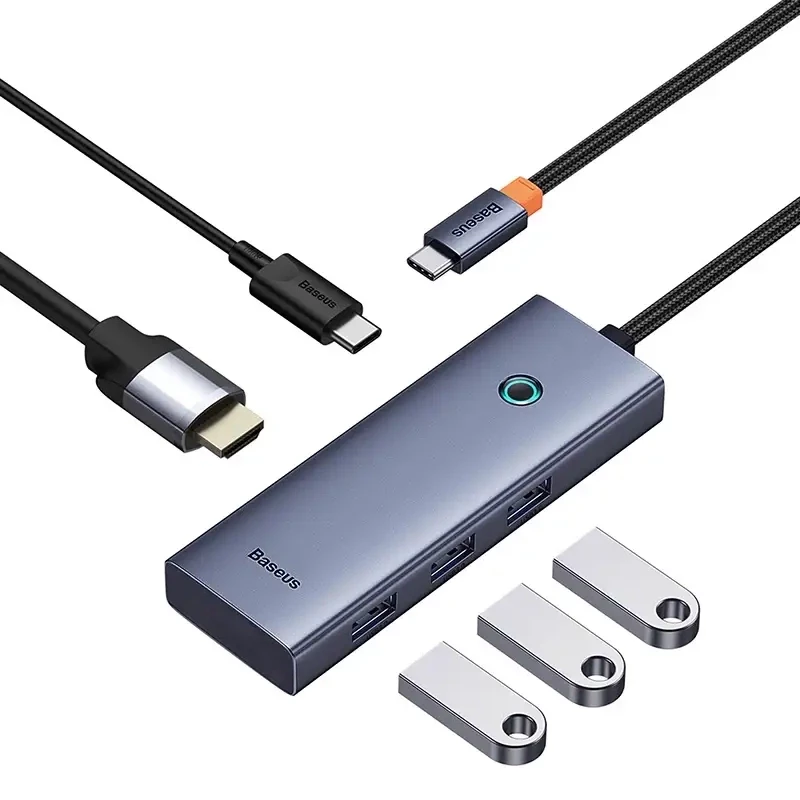 5-in-1 Hub Baseus UltraJoy Series USB-C į HDMI 4K@30Hz + 3x USB 3.0 + 1x PD (Pilka)