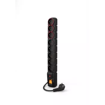 ACAR-S8-DUAL POWER STRIP 8 krypčių apsaugotas nuo viršįtampių maitinimo lizdas su 2 apšviestais jungikliais, 1,5 m kabelis, juodas