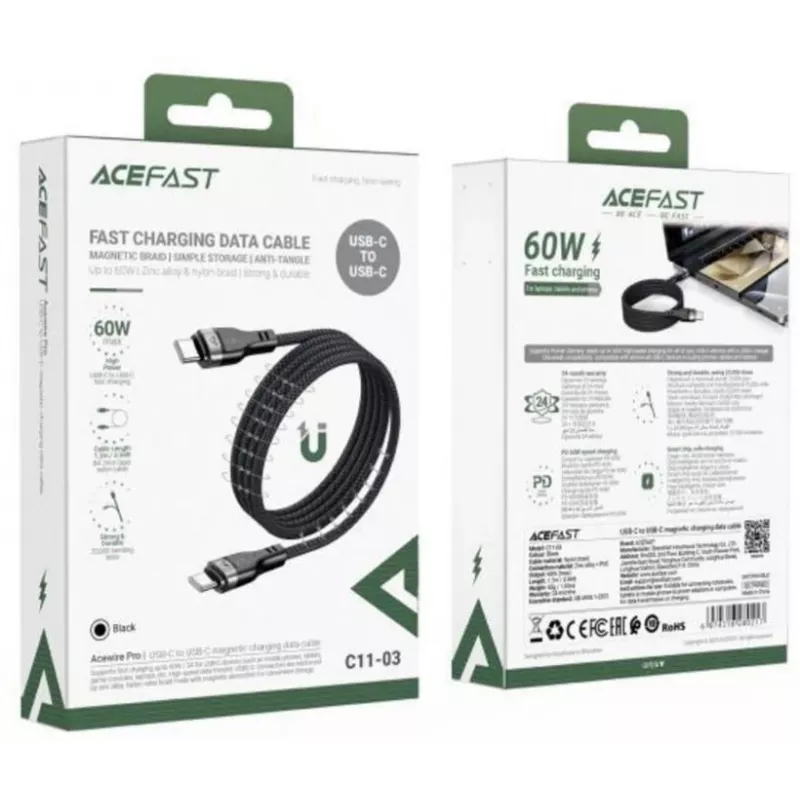 Acefast C11-03 3in1 USB-C į USB-C laidas 100W 480Mbps 1,2m Juodas