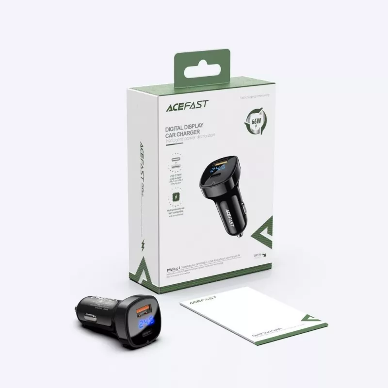 ACEFAST automobilinis įkroviklis 66W USB Type C / USB, PPS, Power Delivery, Quick Charge 4.0, AFC, FCP juodas (B4 black)