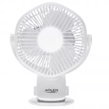 Adler AD 7335 Įkraunamas segtuvinis stalinis ventiliatorius, 6W, 12,7 cm, 3 greičiai, siūbavimas, baltas