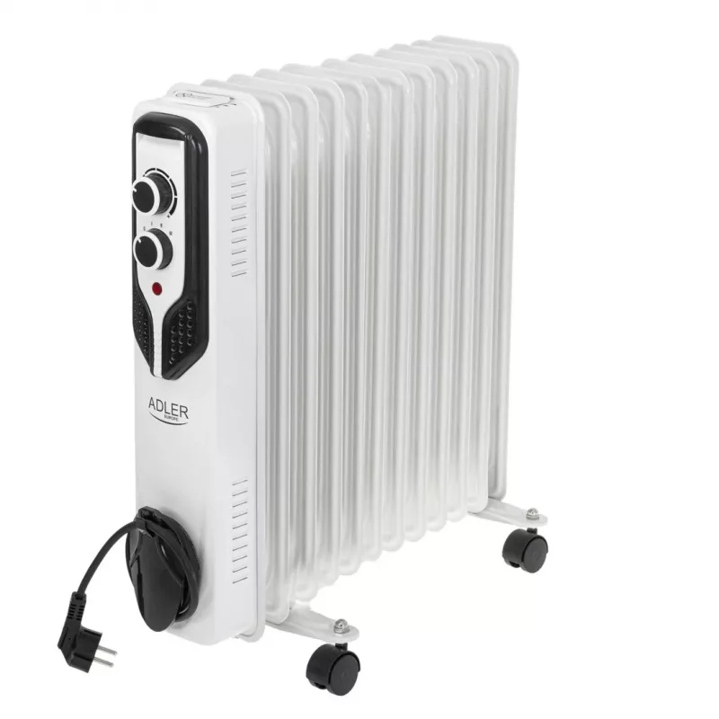 Adler AD 7817 alyvos radiatorius, 11 sekcijų, 2500W, 3 šildymo režimai, reguliuojamas termostatas, apsauga nuo perkaitimo ir apvirtimo, ratukai ir rankena, juodos spalvos