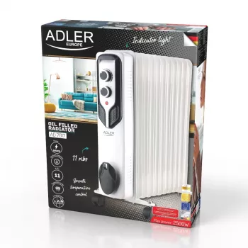 Adler AD 7817 alyvos radiatorius, 11 sekcijų, 2500W, 3 šildymo režimai, reguliuojamas termostatas, apsauga nuo perkaitimo ir apvirtimo, ratukai ir rankena, juodos spalvos
