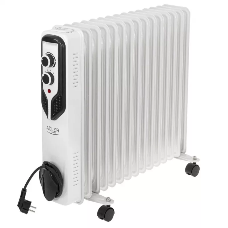 Adler AD 7819 alyvos radiatorius, 2000W, 9 sekcijų, 3 šildymo režimai, reguliuojamas termostatas, apsauga nuo perkaitimo, įmontuoti ratukai, balta/ pilka