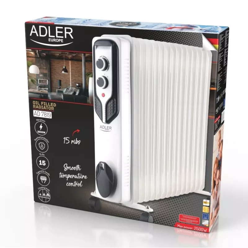 Adler AD 7819 alyvos radiatorius, 2000W, 9 sekcijų, 3 šildymo režimai, reguliuojamas termostatas, apsauga nuo perkaitimo, įmontuoti ratukai, balta/ pilka