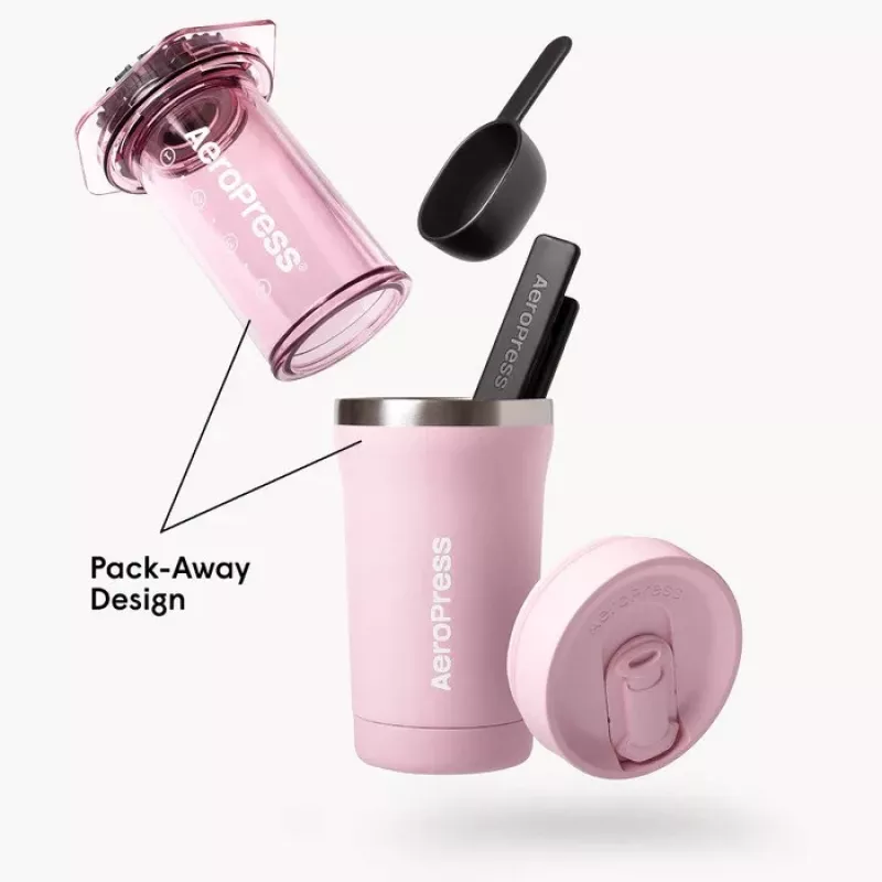 AeroPress Go Plus kavos virimo aparatas su rožiniu terminiu puodeliu 475 ml