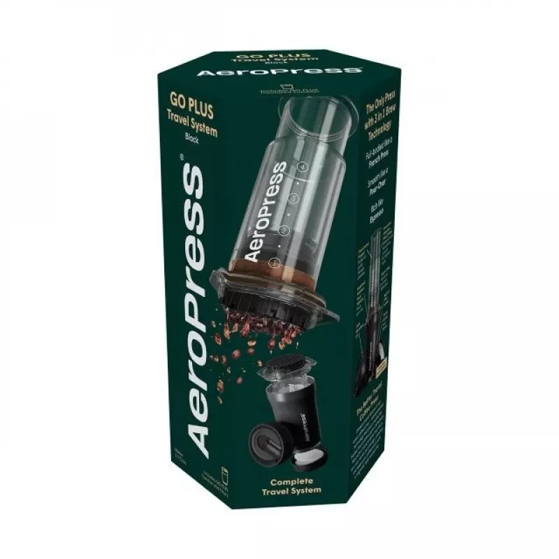 AeroPress Go Plus kelioninis kavos presas su izoliuotu puodeliu - juodas