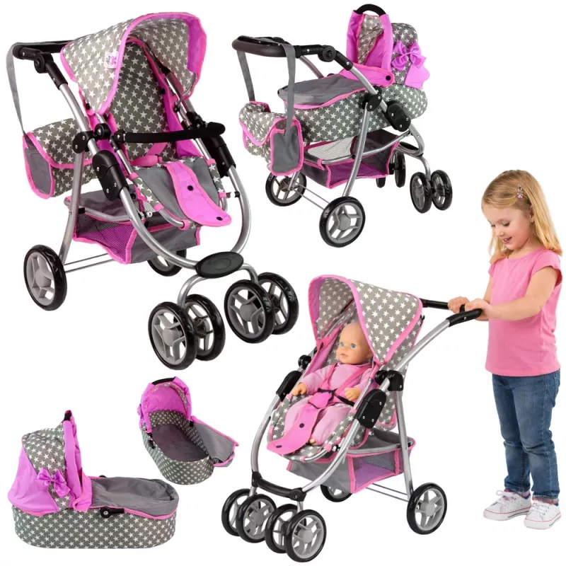 ALICE Baby Doll Stroller 2-in-1 Carrycot Bag Pink Stars