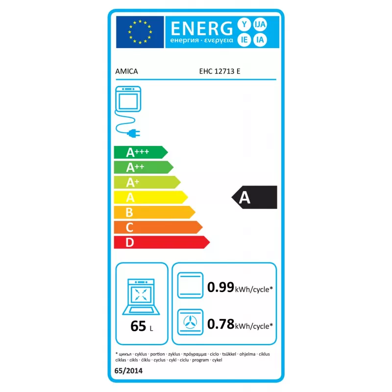 Amica EHC12713E Įmontuojama orkaitė su keramine kaitlente, 65 l, 8 funkcijų, energijos klasė A, nerūdijantis plienas
