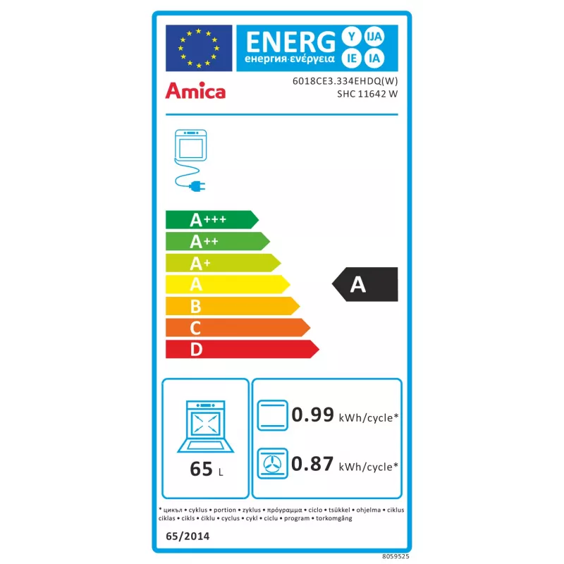 Amica SHC11642W Laisvai pastatoma elektrinė viryklė su keramine kaitlente ir 65L orkaite, 9 šildymo funkcijos, energijos klasė A, balta