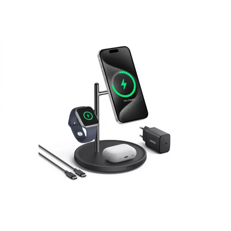 Anker MagGo B25M3312 Qi2 įkrovimo stotelė 3 viename, 15 W telefonui, juoda