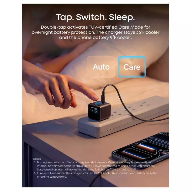 Anker Nano Charger 45W GaN USB-C įkroviklis su ActiveShield 5.0, jutikliniu valdymu, SmartDisplay, iPhone atpažinimu, oranžinis